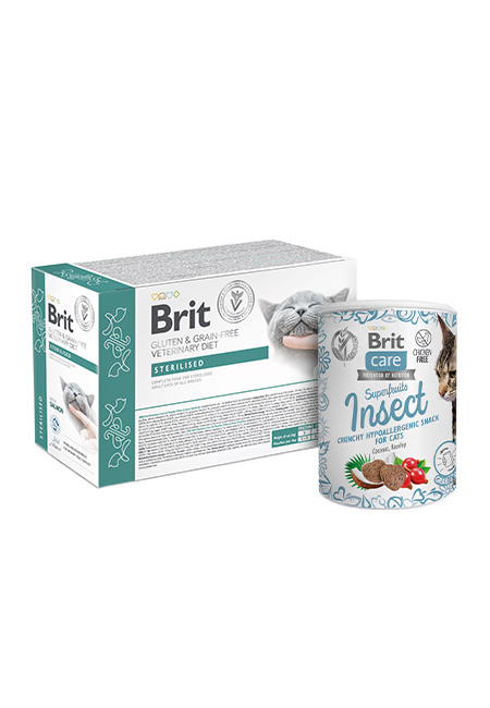Zestaw Brit Vet Care Cat Sterilised kurczak z łososiem 12x85 g + Snack Superfruits owady & rokitnik Specjalistyczna karma mokra dla kotów po kastracji oraz hipoalergiczny przysmak