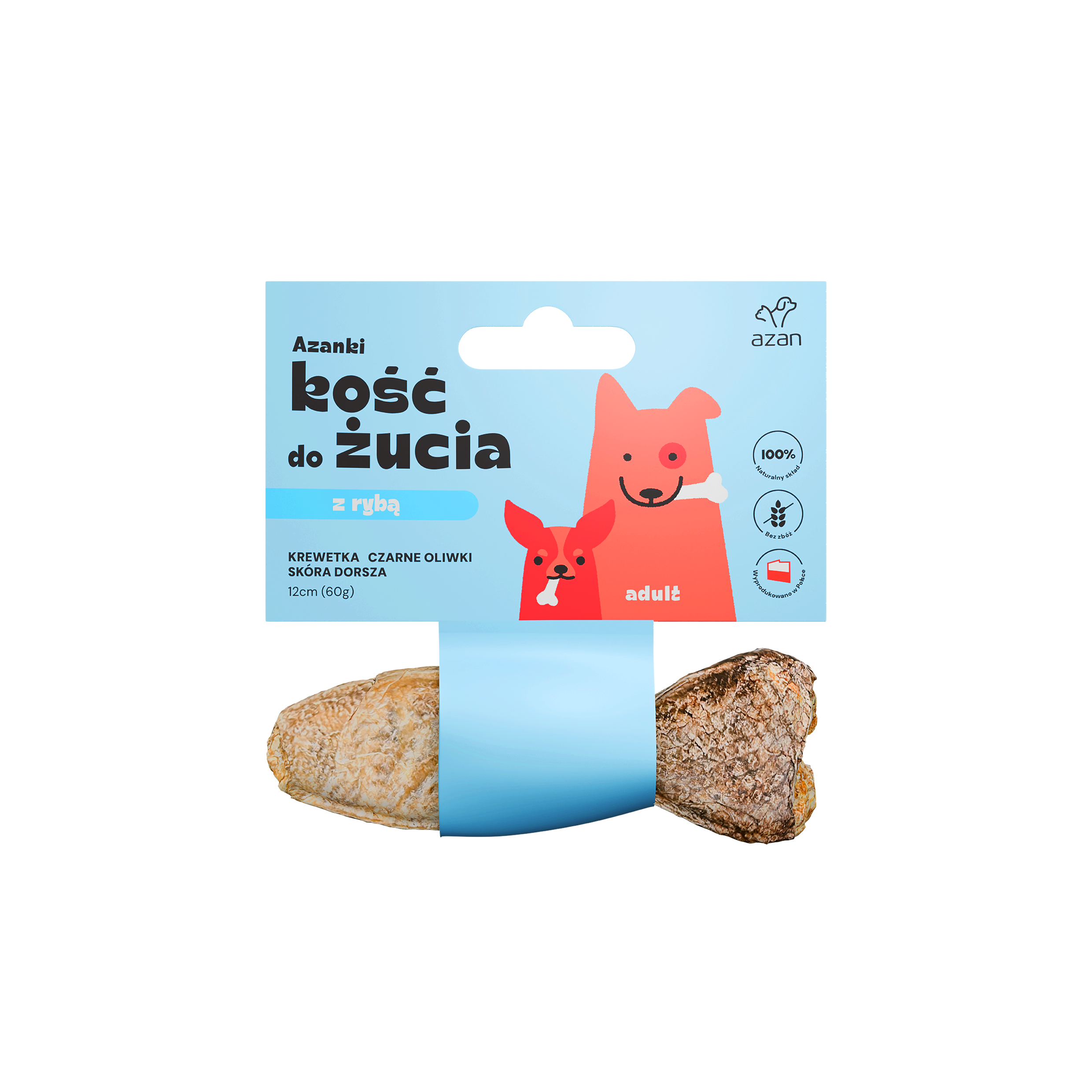 Azanki Kość do żucia ADULT z krewetką i czarnymi oliwkami w skórze dorsza 12cm