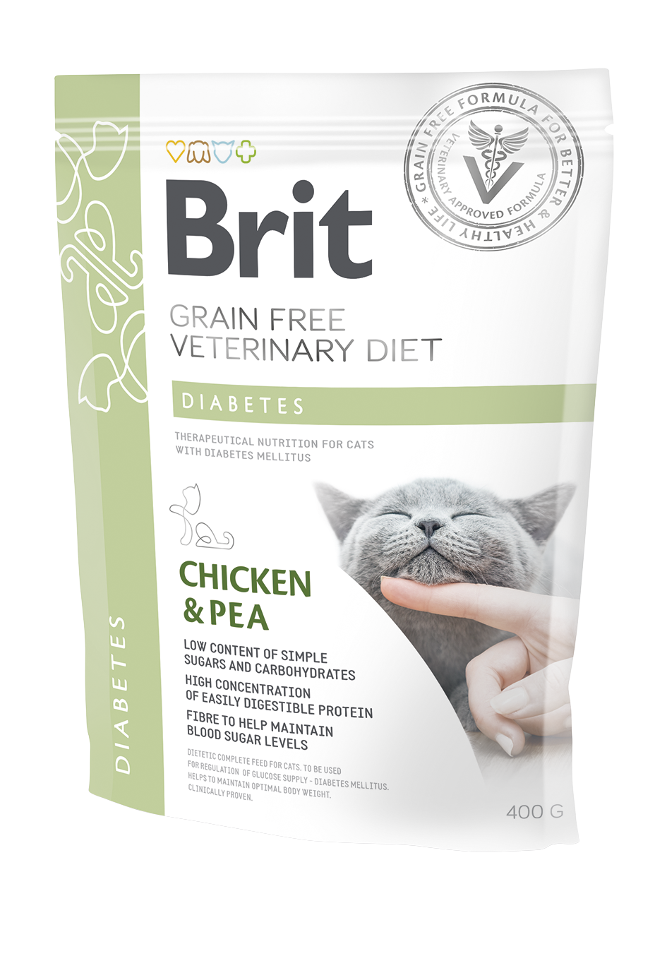 Brit Veterinary Diets Cat Grain-free Diabetes, kurczak i groch, 400 g Weterynaryjna karma dla dorosłych kotów wymagających regulacji poziomu cukru we krwi