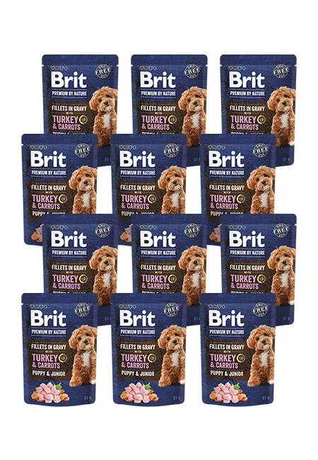 Zestaw 12 x 85g Brit Premium by Nature Dog Fillets in Gravy Puppy & Junior, indyk i marchewka Pełnoporcjowa mokra karma premium dla szczeniąt i juniorów w ekonomicznym zestawie