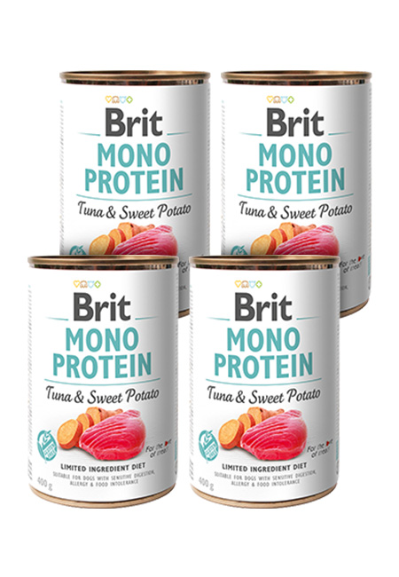 Zestaw 4 x 400g Brit Mono Protein, tuńczyk i bataty Monobiałkowa, hipoalergiczna karma mokra dla psów w ekonomicznym zestawie