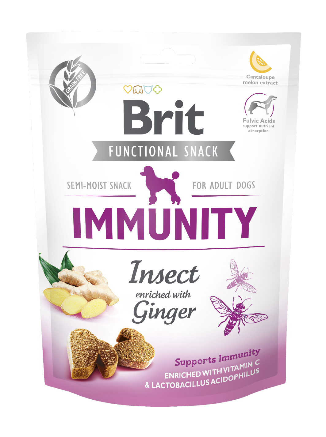 Brit Care Dog Functional Snack Immunity, owady i imbir, 150 g Funkcjonalna karma uzupełniająca dla psów dorosłych