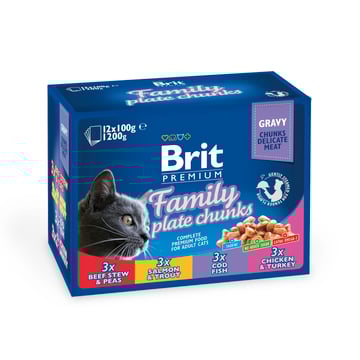 Zestaw Family Plate Brit Premium Cat Pouches Chunks in Gravy, mix smaków w sosie, 12 x 100g Zestaw różnych smaków pełnoporcjowej karmy mokrej w kawałkach w sosie dla dorosłych kotów wszystkich ras. Zestaw Family Plate Brit Premium Cat Pouches Chunks in Gravy, mix smaków w sosie, 12 x 100g Zestaw różnych smaków pełnoporcjowej karmy mokrej w kawałkach w sosie dla dorosłych kotów wszystkich ras.