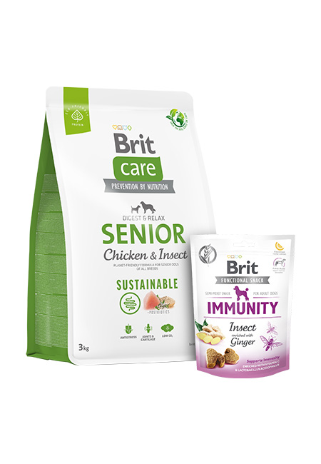 Zestaw Brit Care Senior Kurczak & Owady 3kg + Immunity Snack 150g Pełnoporcjowa karma dla starszych psów + funkcyjny przysmak