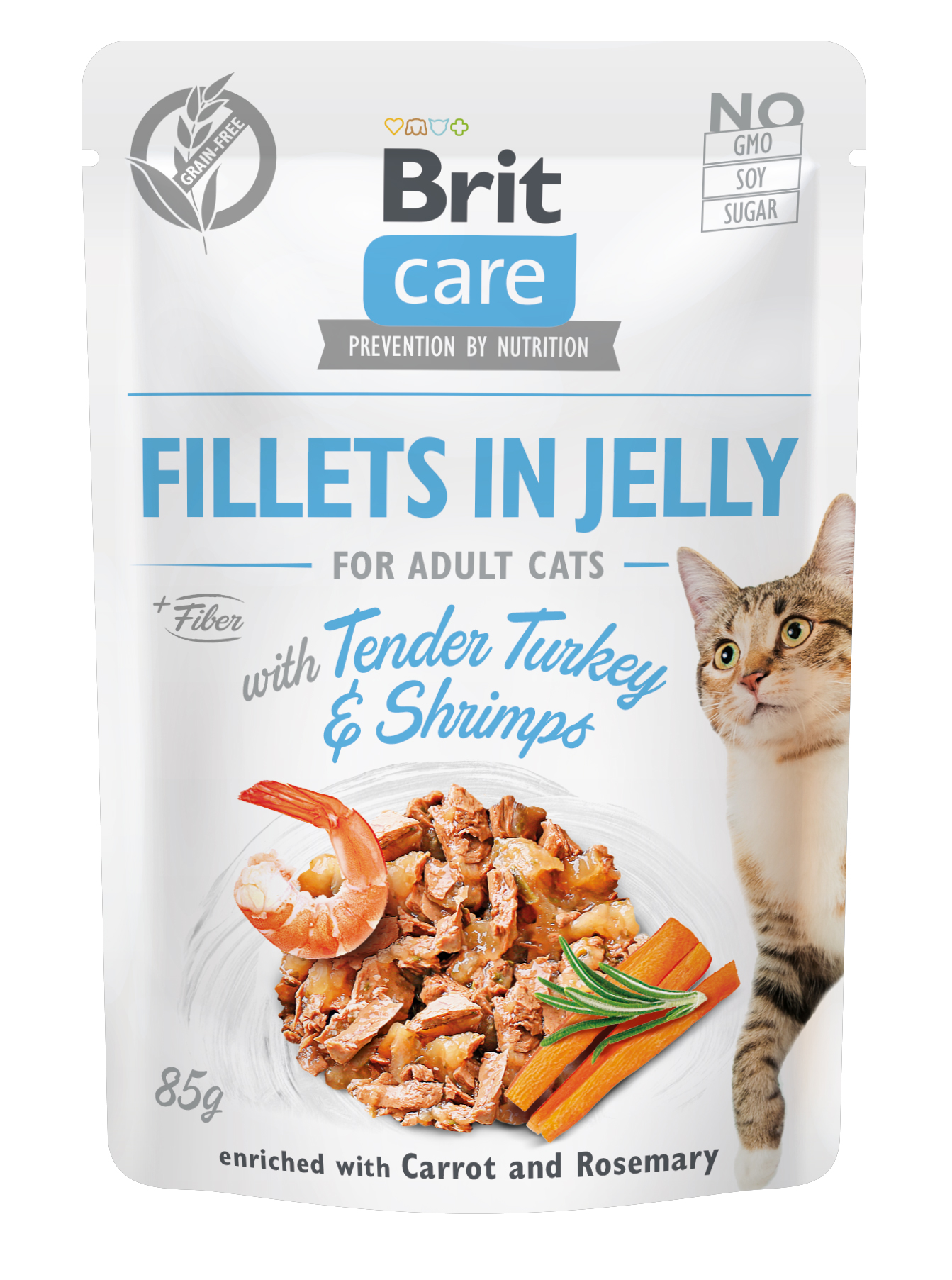Brit Care Cat Fillets in Jelly, indyk i krewetki, 85 g Pełnoporcjowa karma mokra dla dorosłych kotów