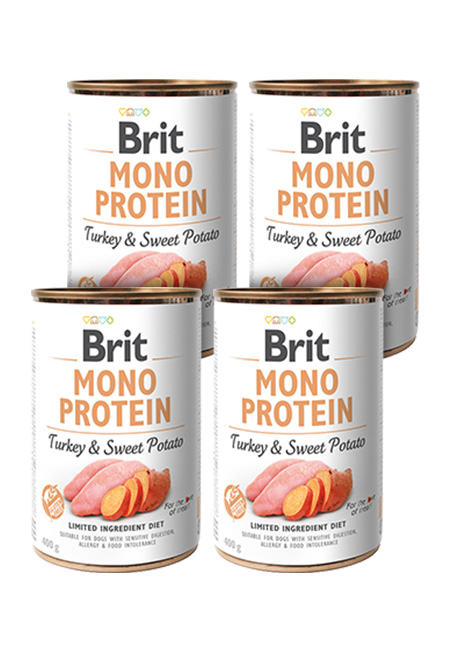 Zestaw 4 x 400g Brit Mono Protein, indyk i bataty Monobiałkowa, hipoalergiczna karma mokra dla psów w ekonomicznym zestawie