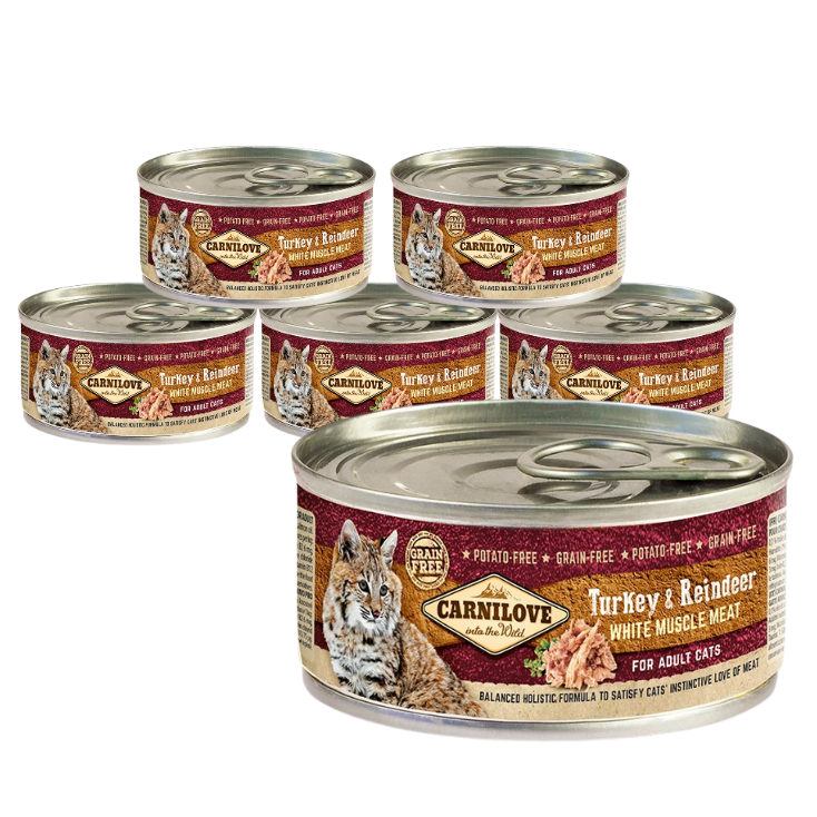 Zestaw "5+1" Carnilove Cat White Muscle Meat Adult, indyk i renifer (6x100g) Pełnoporcjowa karma mokra w puszce dla dorosłych kotów w ekonomicznym pakiecie