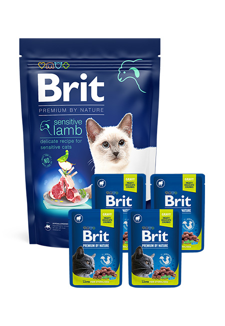 Zestaw Brit Premium Cat Sensitive Lamb 1,5kg + 4x100g Brit Premium Pouch Jagnięcina Sucha karma dla kotów z wrażliwym przewodem pokarmowym oraz mokra karma dla kotów sterylizowanych w ekonomicznym zestawie.
