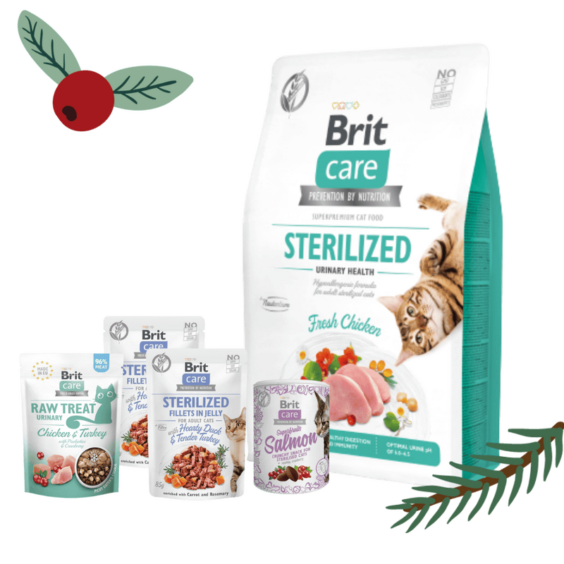 Gwiazdkowy zestaw Brit Care dla kotów sterylizowanych Pakiet pełnoporcjowej suchej karmy, mokrej karmy w saszetkach oraz przysmaków na Świąteczne dni