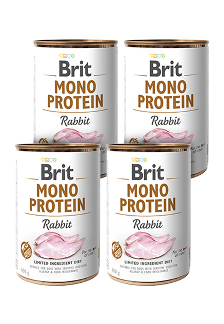 Zestaw 4 x 400g Brit Mono Protein, królik Monobiałkowa karma mokra dla psów z alergiami i nietolerancjami pokarmowymi w ekonomicznym zestawie