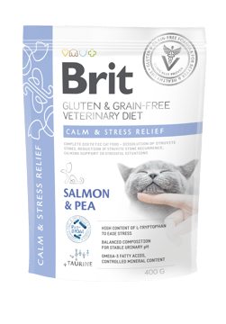 Brit Veterinary Diet Cat Calm & Stress Relief, łosoś i groch, 400 g Pełnoporcjowa karma dla kotów z problemami układu moczowego Brit Veterinary Diet Cat Calm & Stress Relief, łosoś i groch, 400 g Pełnoporcjowa karma dla kotów z problemami układu moczowego