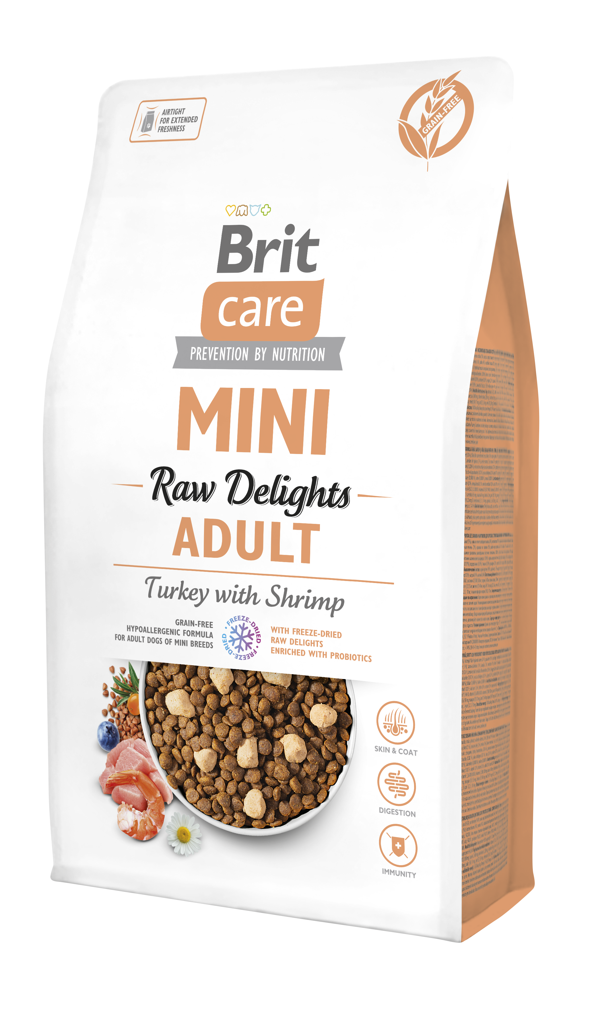 Brit Care Mini Grain-Free Raw Delights Adult, indyk i krewetki, 2 kg Pełnoporcjowa karma sucha dla dorosłych psów ras miniaturowych
