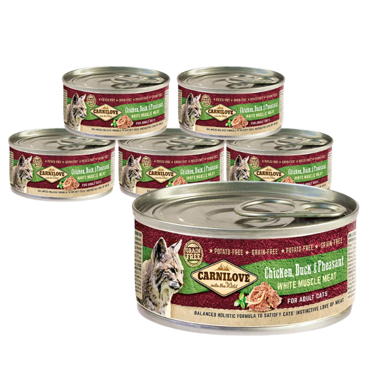 Zestaw "5+1" Carnilove Cat White Muscle Meat Adult, kurczak, kaczka i bażant (6x100g) Pełnoporcjowa karma mokra dla dorosłych kotów w ekonomicznym pakiecie