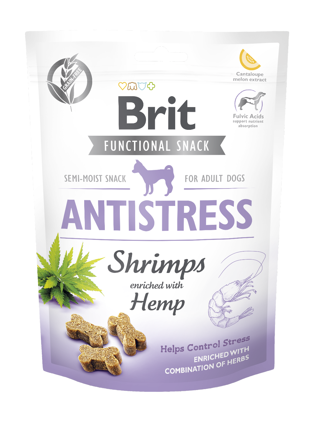 Brit Care Dog Functional Snack Antistress, krewetki i konopie, 150 g Funkcjonalna karma uzupełniająca dla dorosłych psów