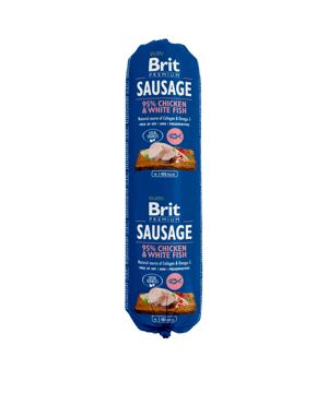 Brit Sausage, kurczak i biała ryba, 800 g Pełnoporcjowa karma mokra dla psów Brit Sausage, kurczak i biała ryba, 800 g Pełnoporcjowa karma mokra dla psów