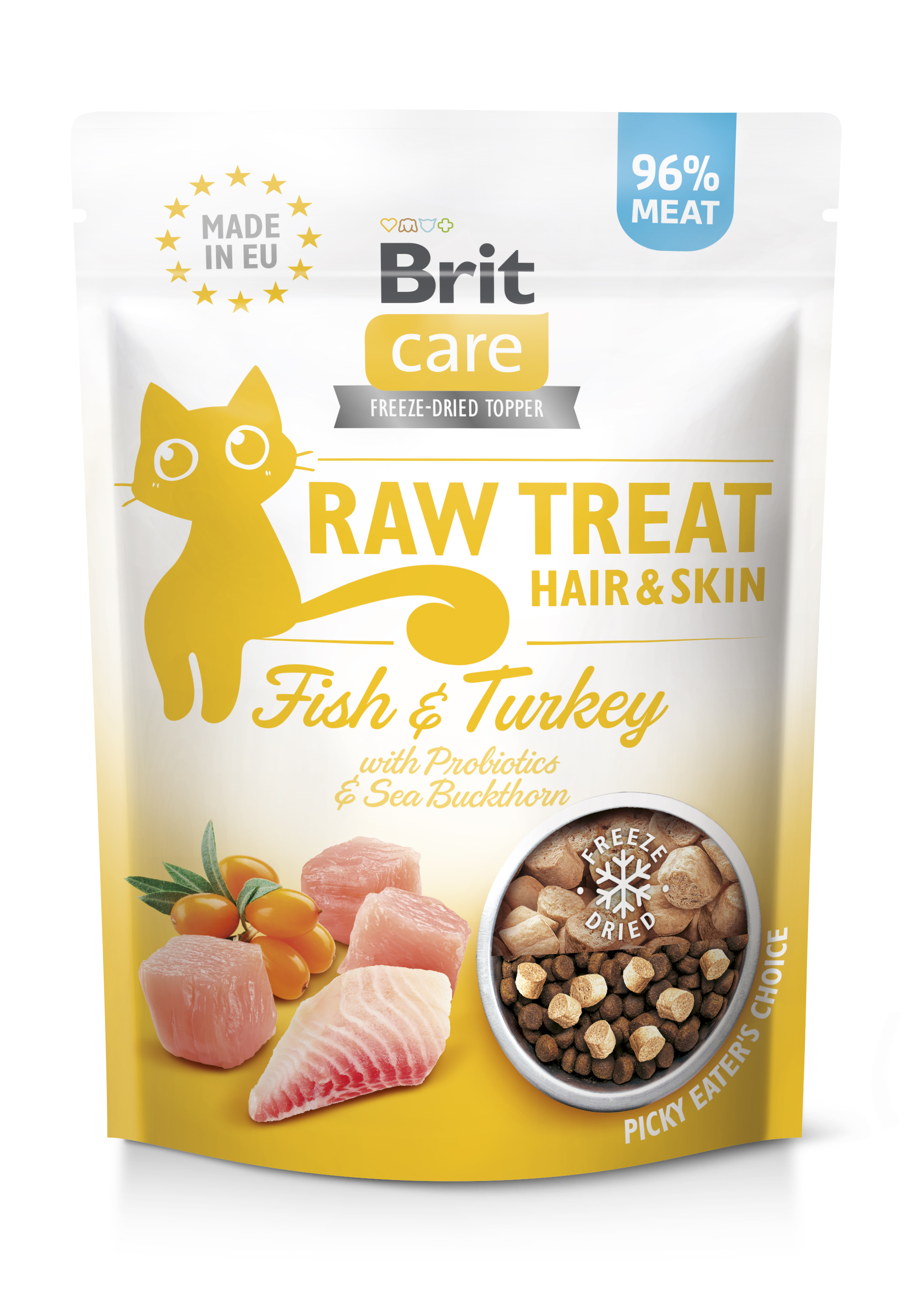 Brit Raw Treat Hair & Skin, indyk z rybą, 40 g Wspierający skórę i sierść przysmak dla dorosłych kotów