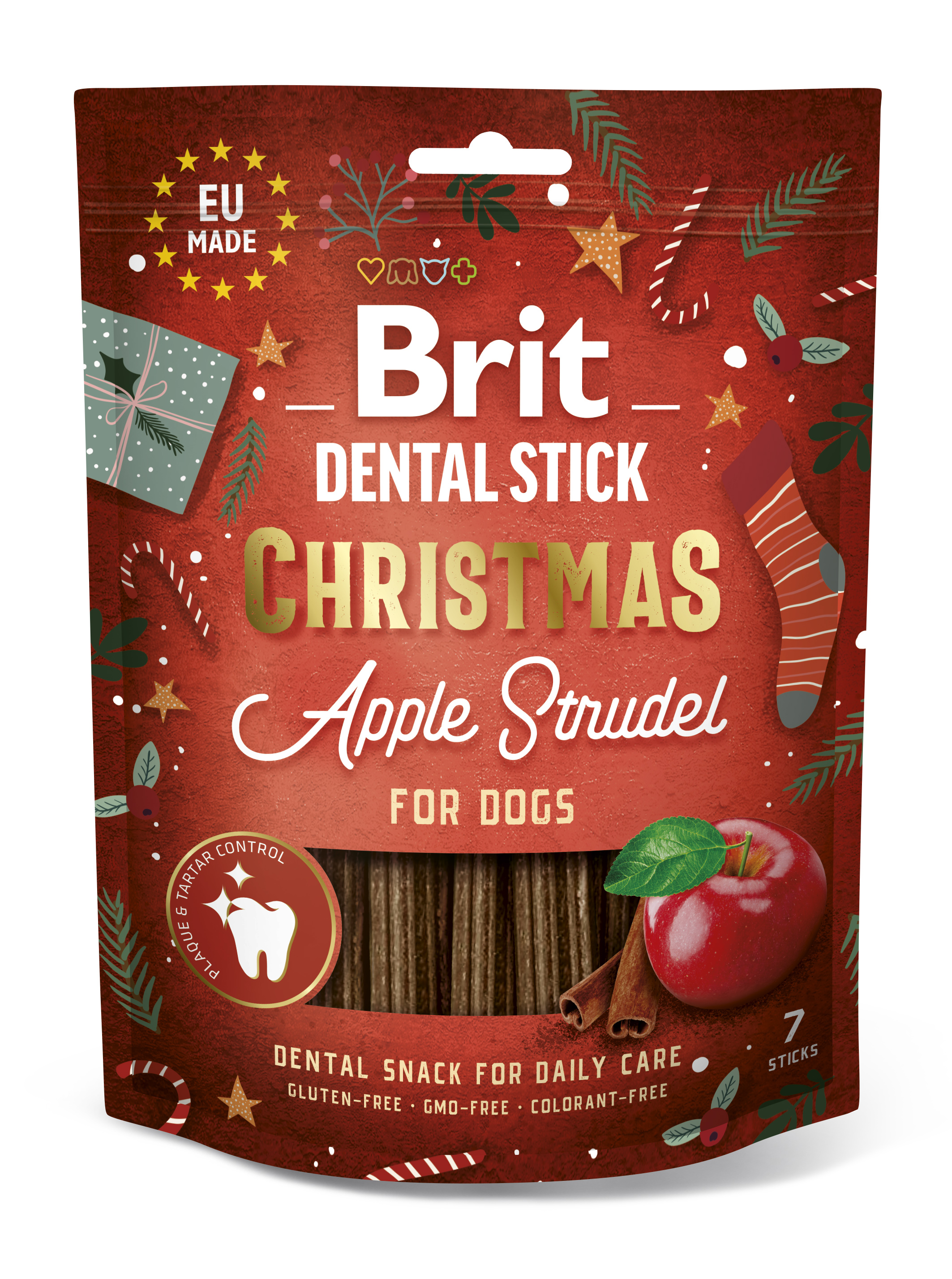 Brit Christmas Dental Stick Dog, jabłkowy strudel, 251g Dentystyczna przekąska w specjalnej, świątecznej odsłonie dla ps&oacute;w.