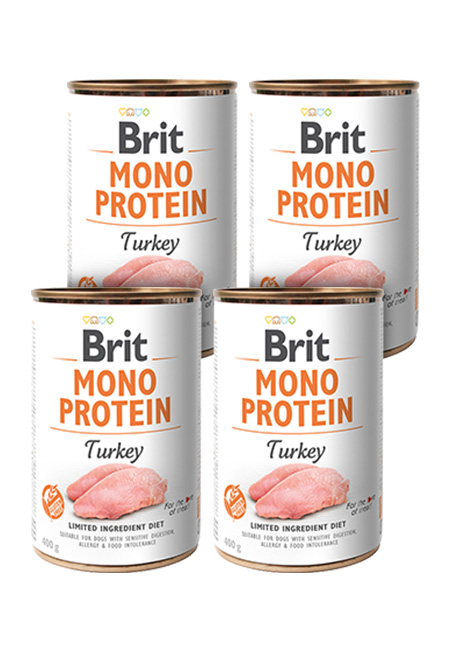 Zestaw 4 x 400g Brit Mono Protein, indyk Monobiałkowa karma mokra dla psów z nietolerancjami pokarmowymi i alergiami w ekonomicznym zestawie