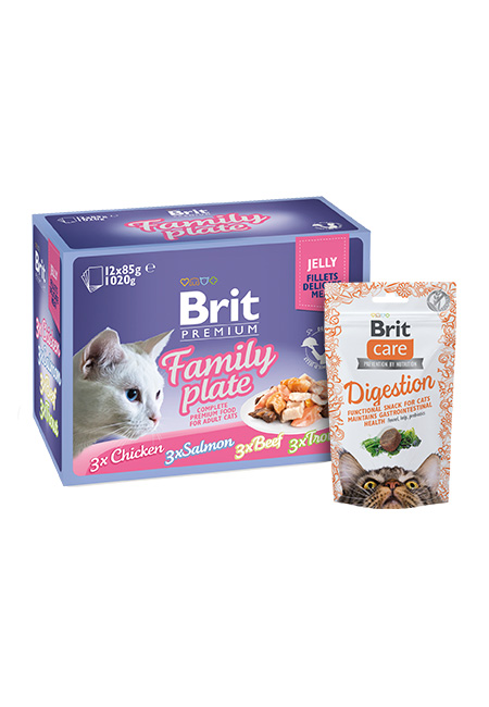 Zestaw Brit Premium Cat Pouches Mix w galaretce 12x85g + Snack Digestion Tuńczyk 50g Zestaw pełnoporcjowej karmy mokrej w galaretce oraz przysmaku dla kotów