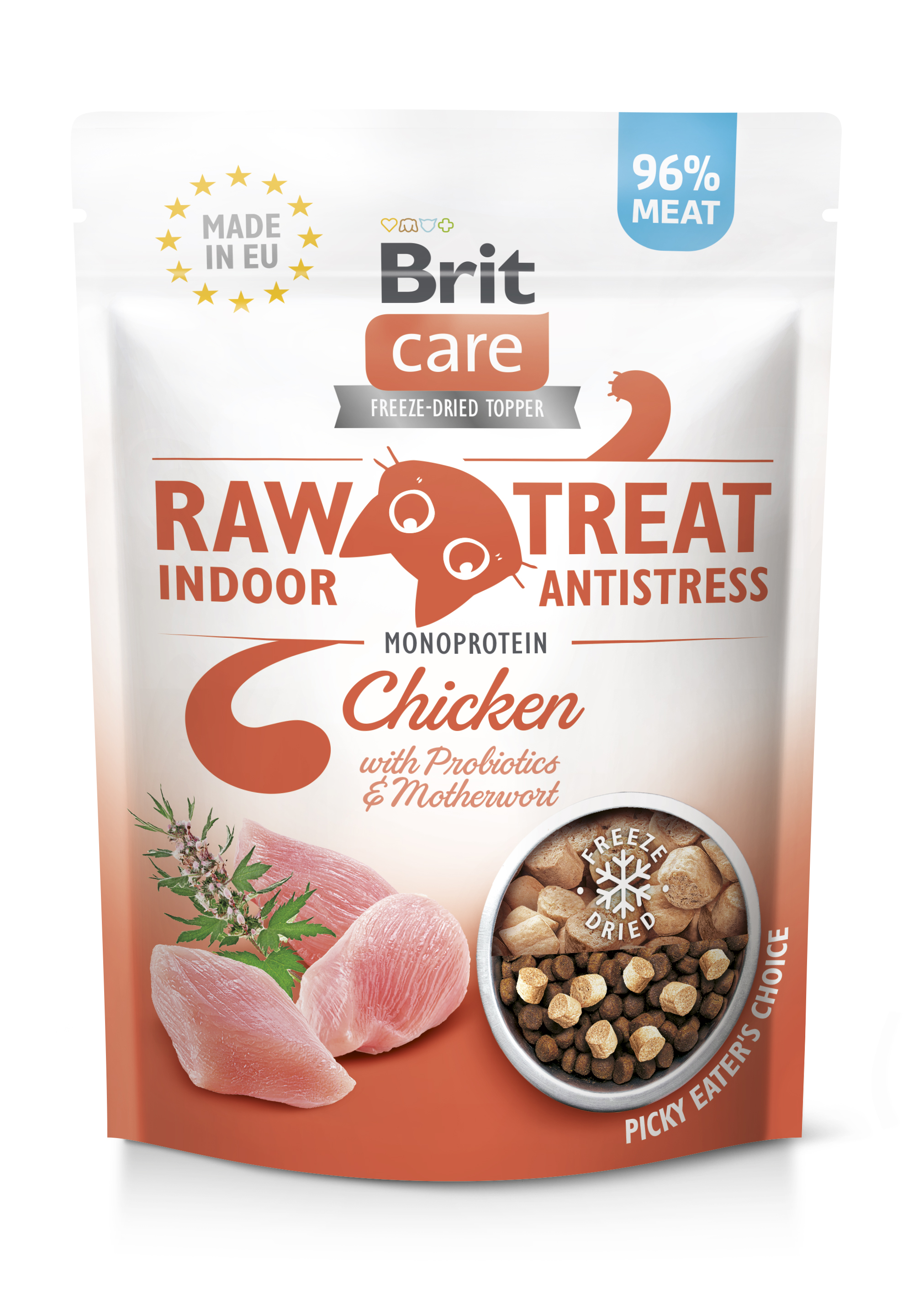 Brit Raw Treat Cat Indoor & Antistress, kurczak, 40 g Redukująca stres karma uzupełniająca dla kotów przebywających w domu