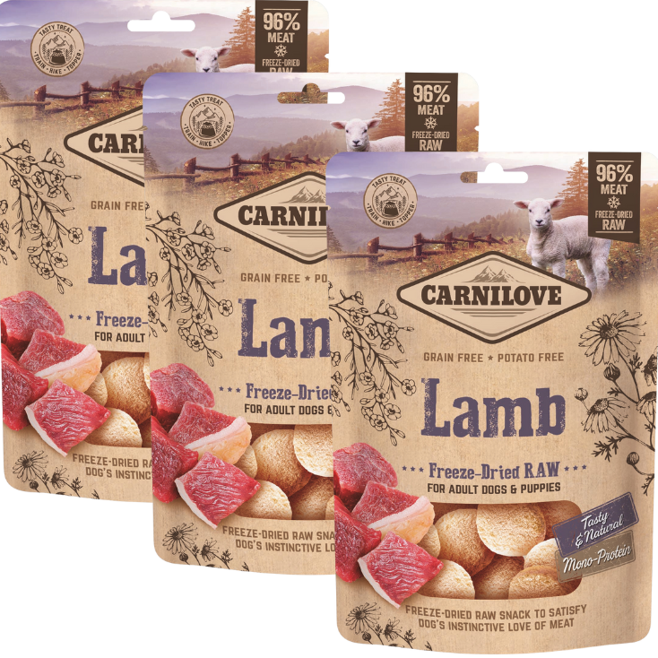 Zestaw "2+1" Carnilove Raw Freeze-dried Snack jagnięcina (3x60g) Ekonomiczny pakiet uzupełniającej karmy dla psów