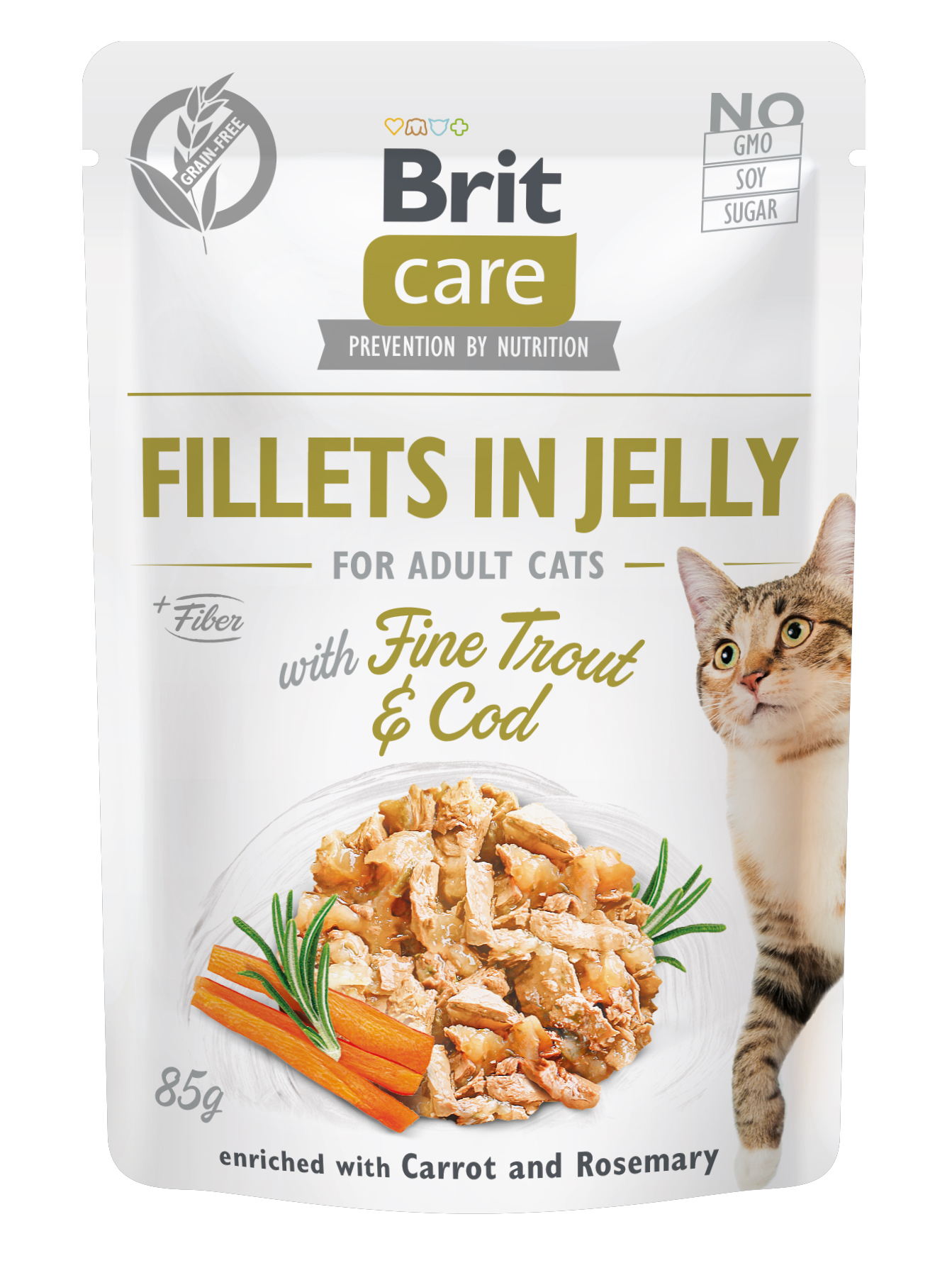 Brit Care Cat Fillets in Jelly, pstrąg i dorsz, 85 g Pełnoporcjowa karma mokra dla kotów dorosłych wszystkich ras
