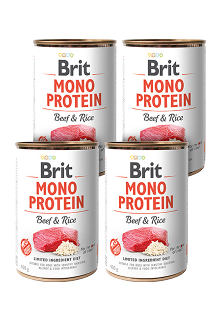 Zestaw 4 x 400g Brit Mono Protein, wołowina i ryż Monobiałkowa karma mokra w puszce dla psów dorosłych w ekonomicznym zestawie