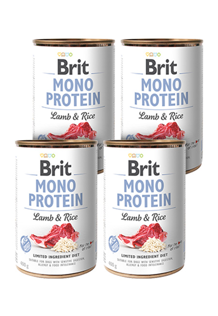 Zestaw 4 x 400g Brit Mono Protein, jagnięcina i ryż Monobiałkowa, hipoalergiczna karma mokra dla psów dorosłych w ekonomicznym zestawie