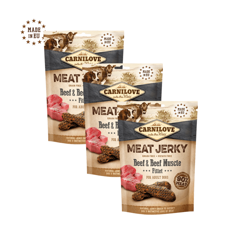 Pakiet 3x100g Carnilove Jerky, wołowina i filet wołowy Przysmaki w ekonomicznym trójpaku