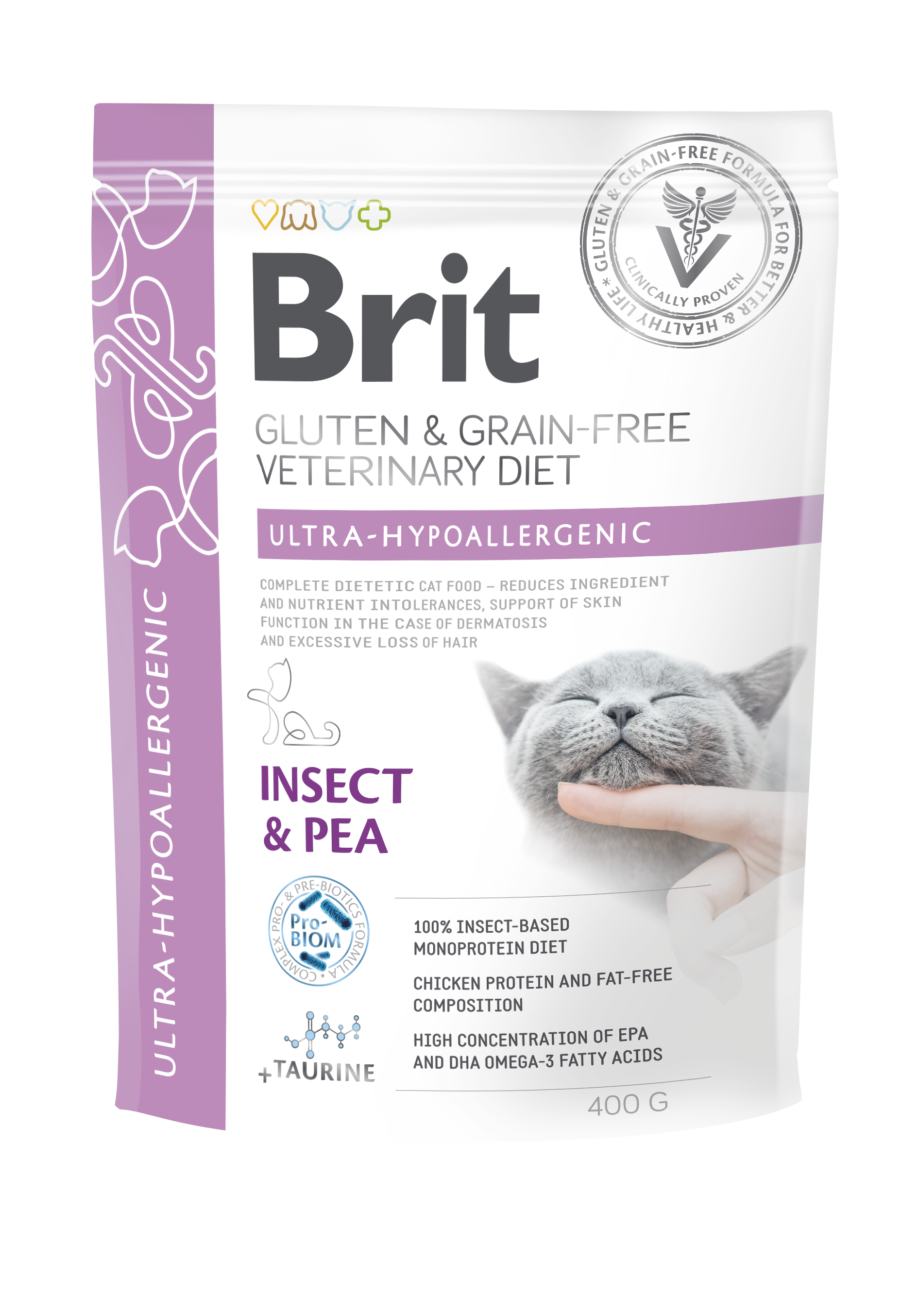 Brit Veterinary Diets Cat Gluten & Grain Free Ultra-Hypoallergenic, owady i żółty groszek, 400 g Dietetyczna karma hipoalergiczna dla kotów