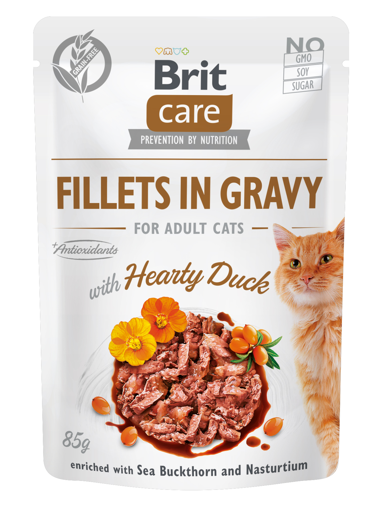 Brit Care Cat Pouches Fillets in Gravy, kaczka, rokitnik zwyczajny i nasturcja Pełnoporcjowa mokra karma dla dorosłych kotów