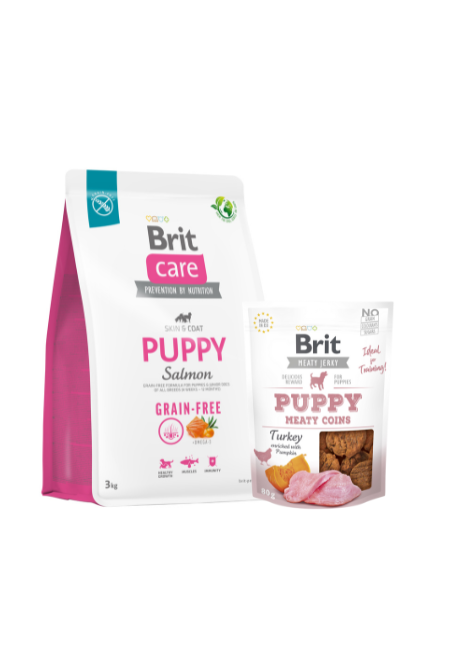Zestaw Brit Care Puppy Łosoś 3kg + Jerky z Indykiem i Kurczakiem 80g Bezzbożowa karma dla szczeniąt i młodych psów + przysmak z indykiem i kurczakiem dla szczeniąt