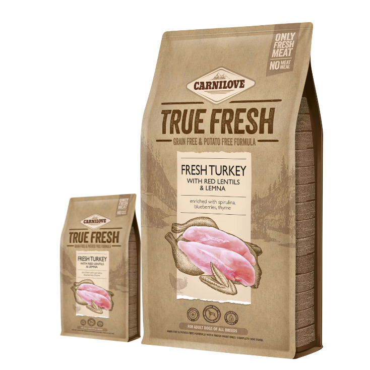 Zestaw 11,4kg + 1,4kg Carnilove True Fresh Dog Adult, indyk z czerwoną soczewicą i rzęsą wodną Pełnoporcjowa sucha karma dla dorosłych psów w ekonomicznym zestawie