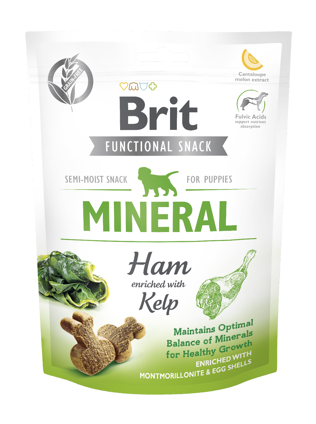 Brit Care Dog Functional Snack Mineral, szynka wieprzowa i algi morskie, 150 g Funkcjonalna karma uzupełniająca dla szczeniąt