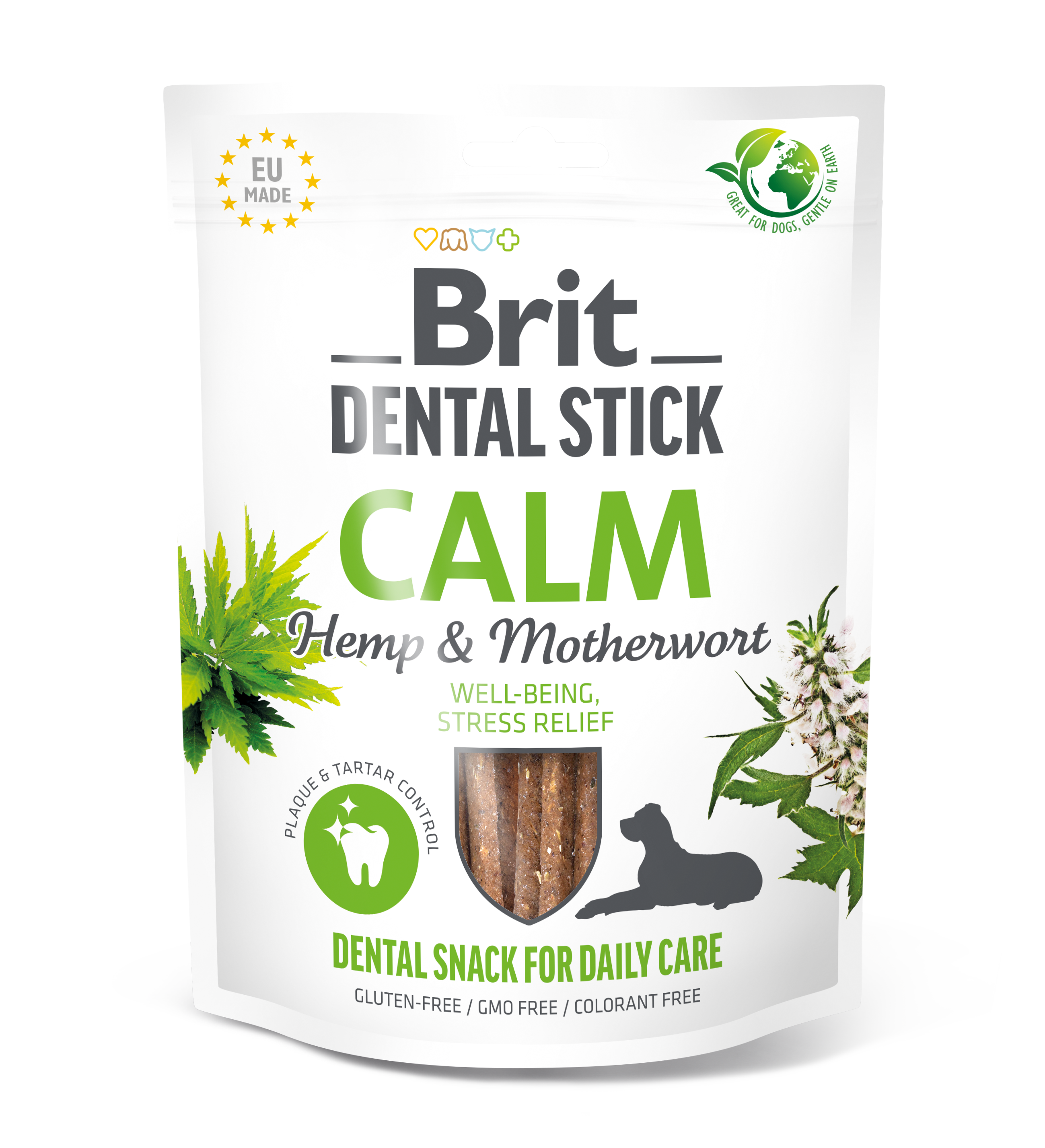 Brit Dental Stick Calm, z konopiami i serdecznikiem 251 g Uzupełniająca karma dla psów, wspiera higienę jamy ustnej i łagodzi stres