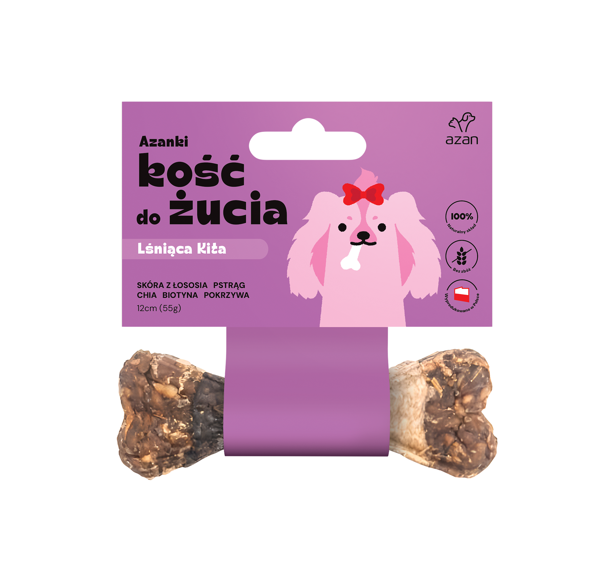 Azanki Kość do żucia LŚNIĄCA KITA ze skórą z łososia, biotyną i pokrzywą S/M 12cm