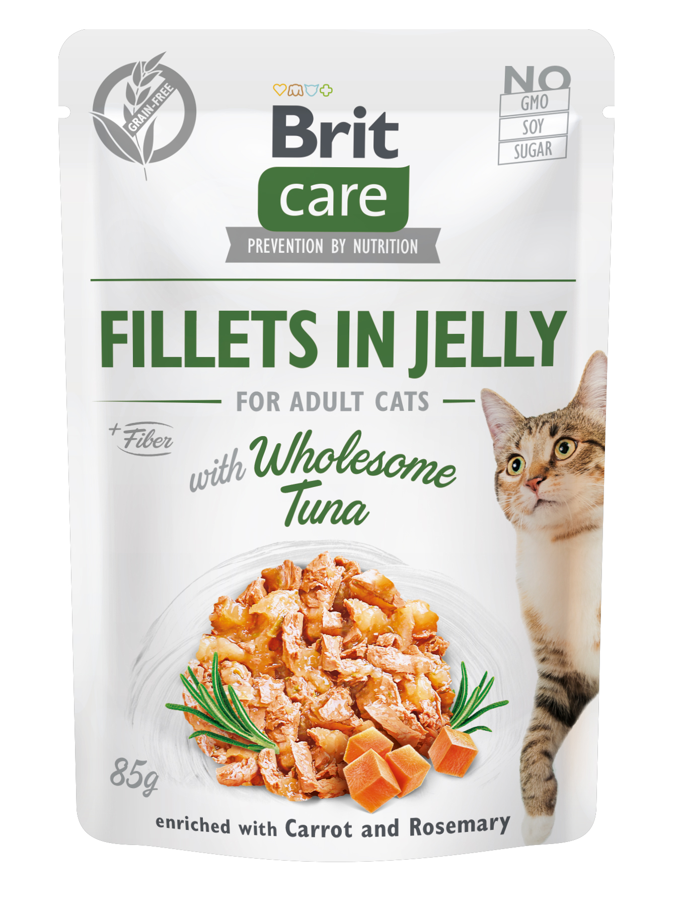 Brit Care Cat Fillets in Jelly, tuńczyk, marchew i rozmaryn Pełnoporcjowa karma mokra dla dorosłych kotów wszystkich ras