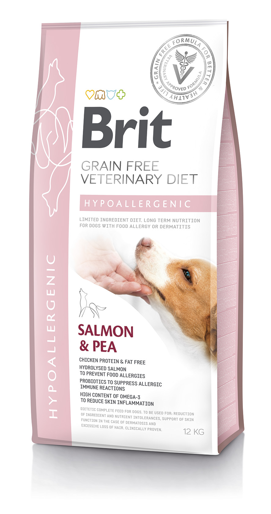 Brit Veterinary Diets Dog Grain Free Hypoallergenic, łosoś z groszkiem, 12 kg Weterynaryjna karma dla szczeniąt i dorosłych psów z problemami dermatologicznymi