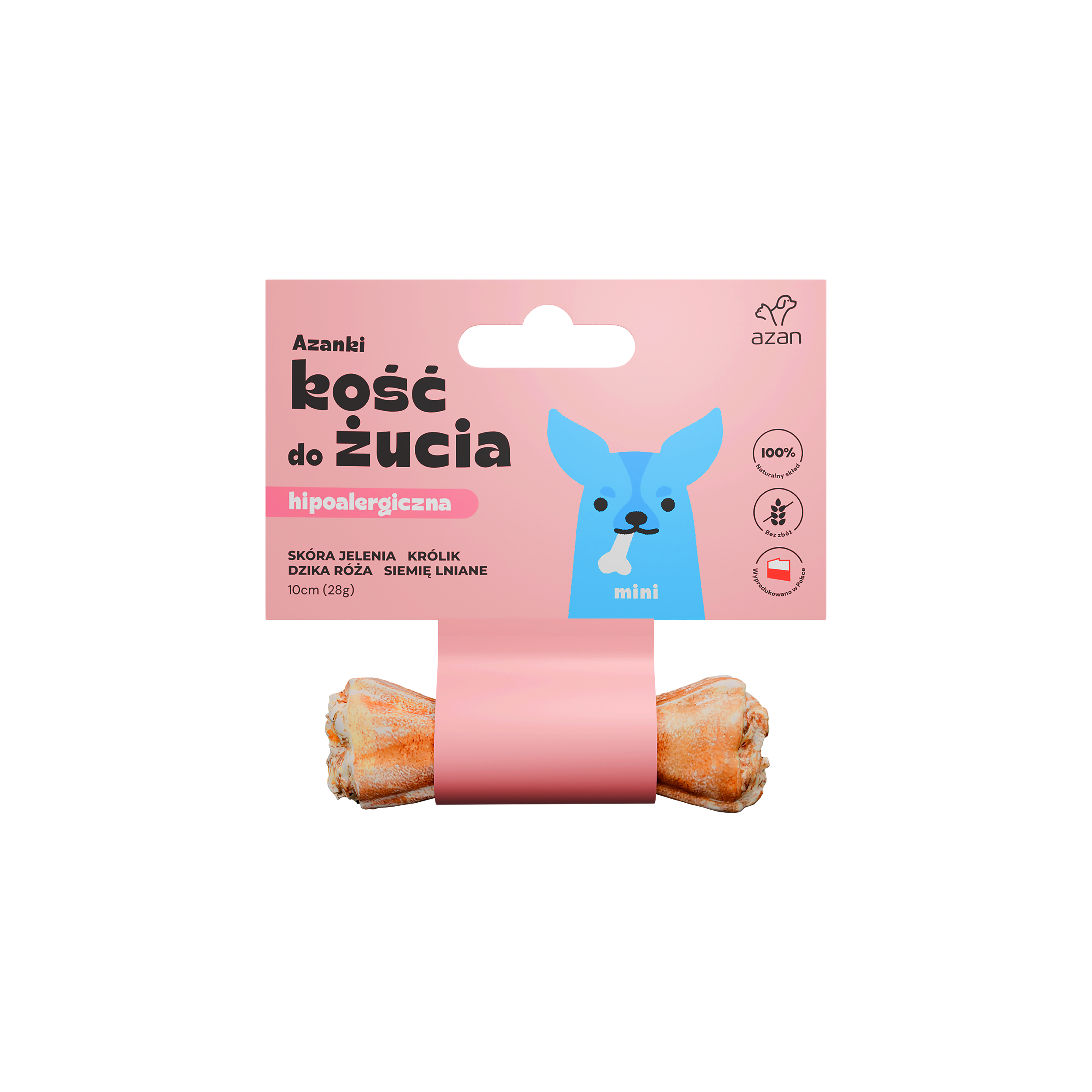 Azanki Kość do żucia MINI ze skóry jelenia z królikiem, dziką różą i siemieniem lnianym 10cm