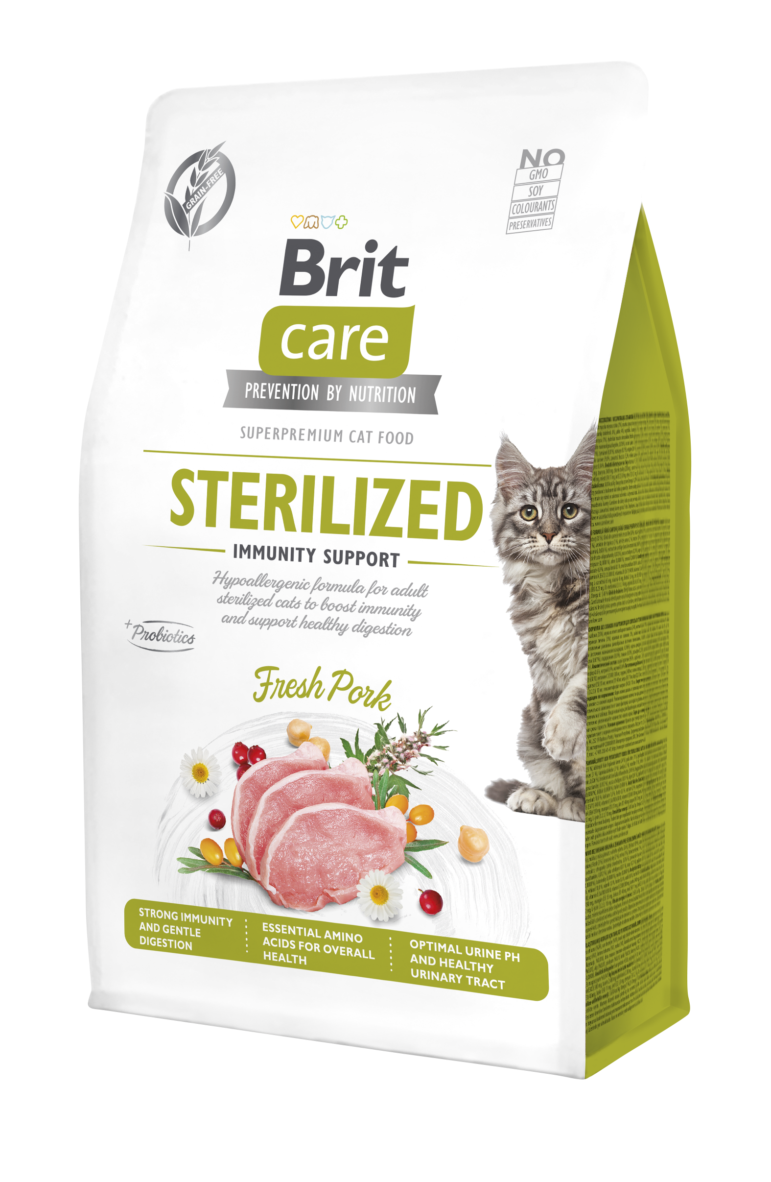 Brit Care Cat Grain-Free Sterilized Immunity, wieprzowina, 400 g Pełnoporcjowa karma sucha dla dorosłych kotów sterylizowanych