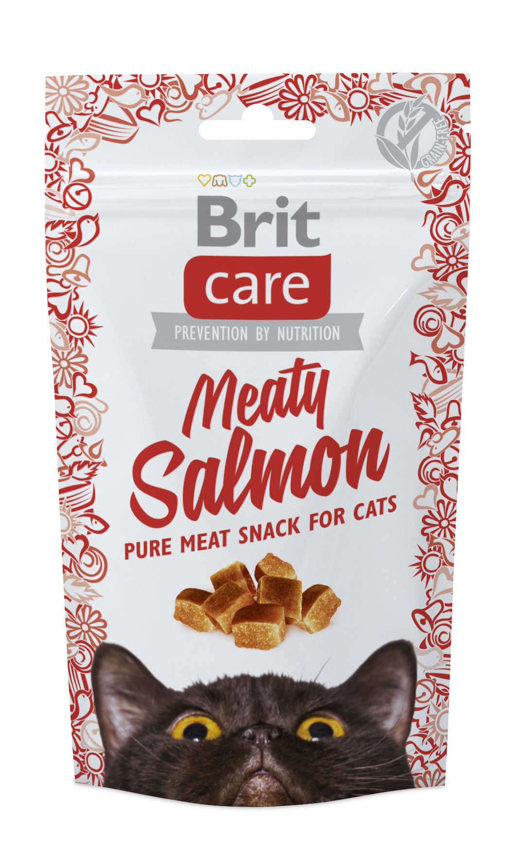 1. Brit Care Cat Meaty Snack Salmon półmiękkie przysmaki z łososiem 50g Mięsne kąski o smaku łososia dla kotów