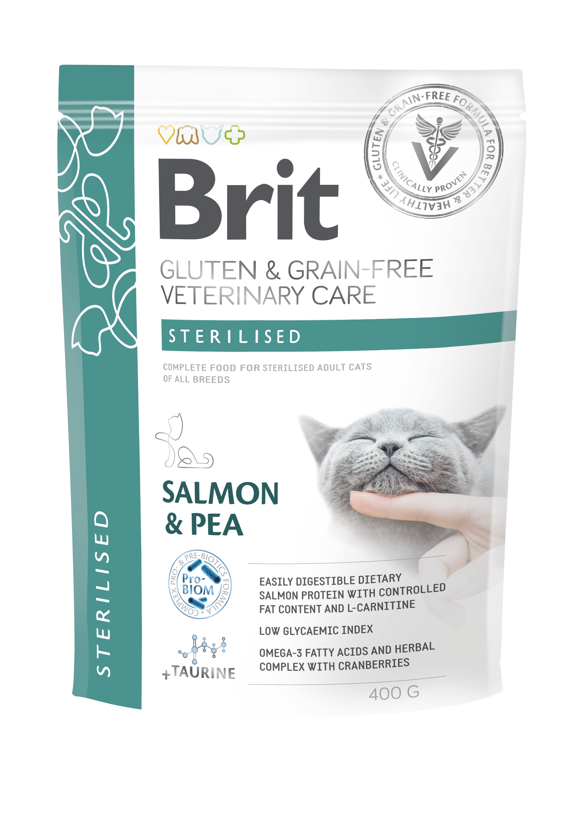 Brit Veterinary Care Cat Adult Gluten & Grain Free Sterilized, łosoś i groszek, 400 g Dietetyczna karma dla dorosłych kotów sterylizowanych