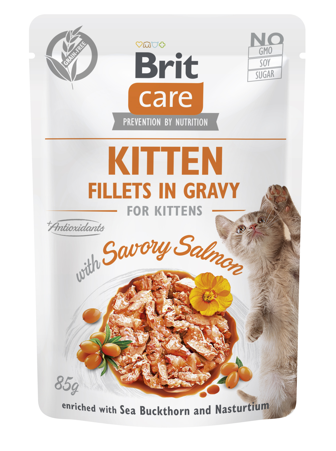 Brit Care Cat Fillets in Gravy, Kitten, łosoś, rokitnik zwyczajny i nasturcja Pełnoporcjowa mokra karma dla kociąt
