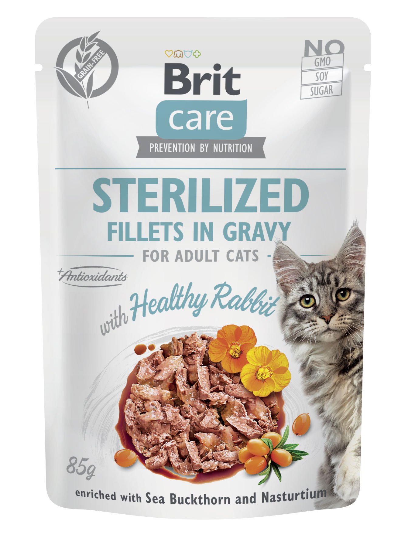 Brit Care Cat Fillets in Gravy Sterilized, królik, nasturcja i rokitnik zwyczajny Pełnoporcjowa karma mokra dla dorosłych kotów sterylizowanych
