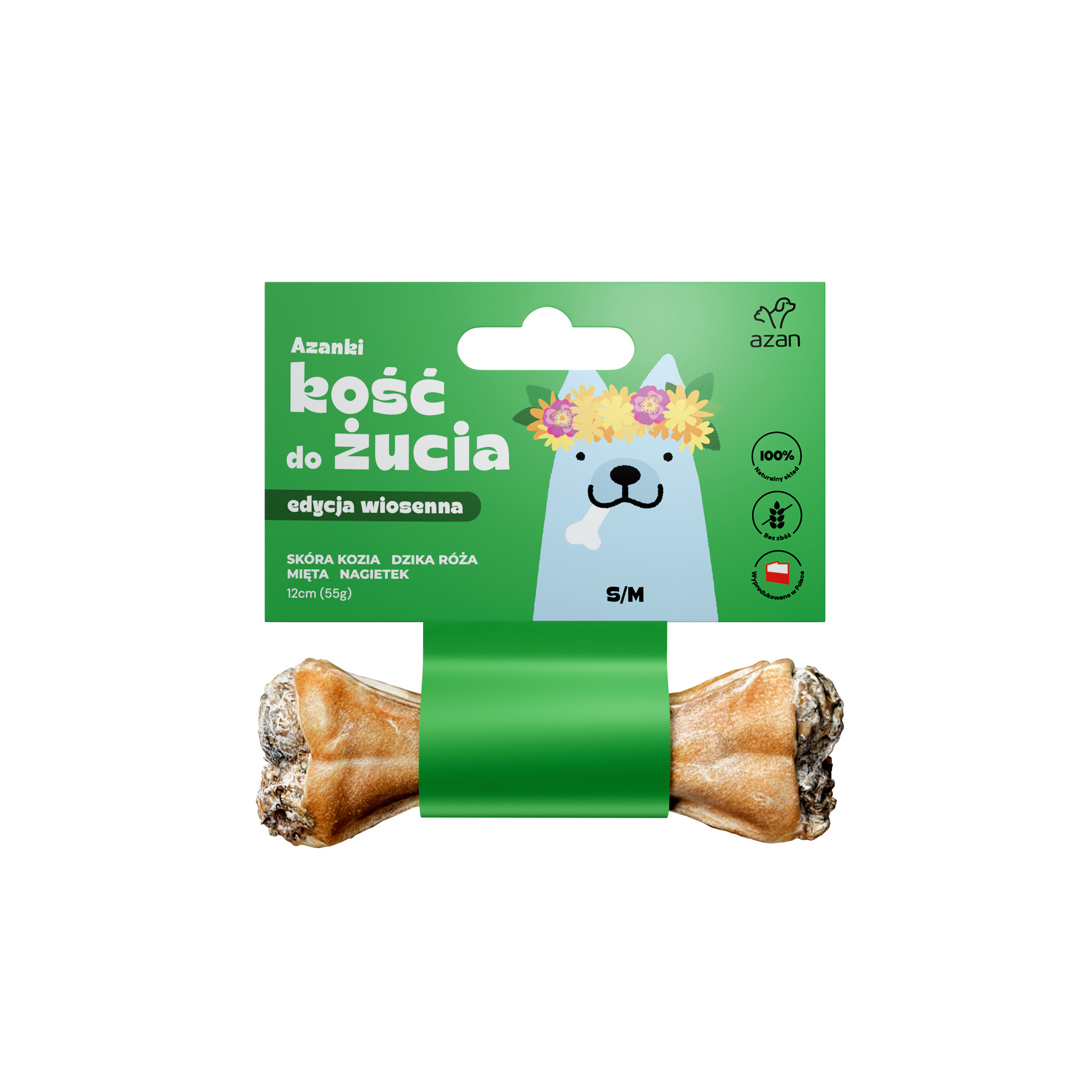 Azanki Kość do żucia w skórze wołowej ze skórą kozią, miętą, dziką różą i nagietkiem (S/M 12cm/55g)