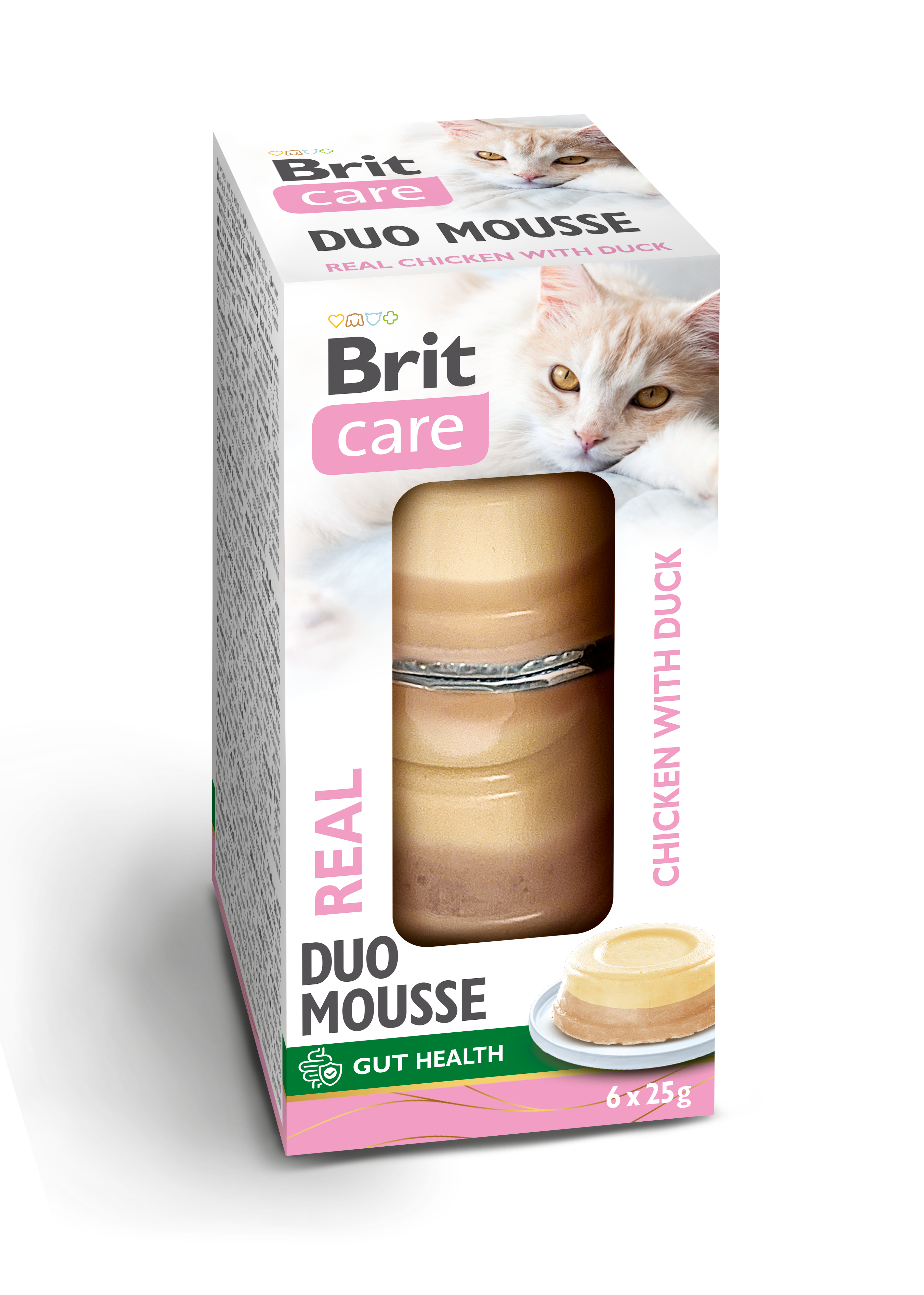 Brit Care Cat Double Layer Real Meat Mousse z kurczakiem oraz kurczakiem i kaczką 6x25g Wilgotna karma uzupełniająca dla kotów.
