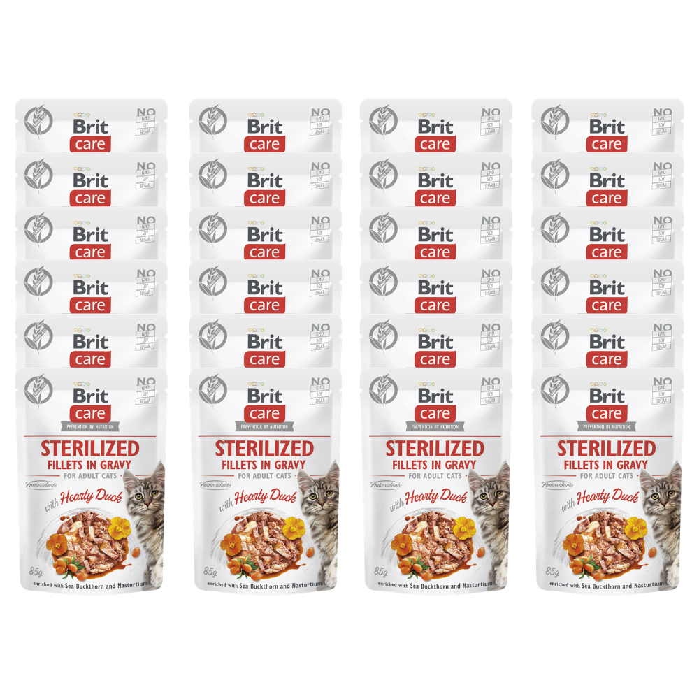 Promocja 20 szt + 4 szt Brit Care Cat Adult Sterilized Fillets in Gravy with Hearty Duck enriched with Sea Buckthorn & Nasturtium 85g