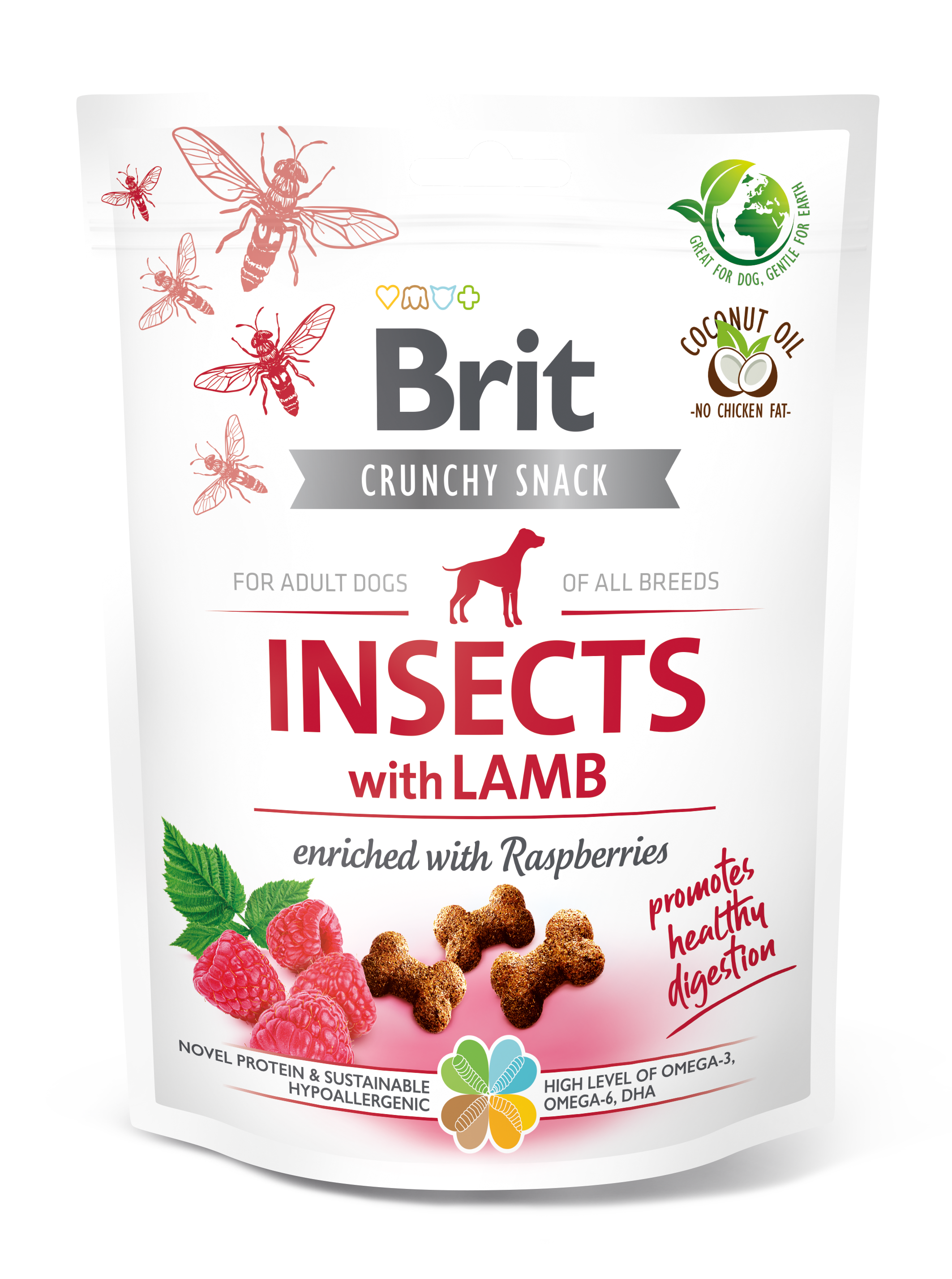 Brit Care Dog Crunchy Cracker, owady, jagnięcina i maliny Uzupełniająca karma sucha dla dorosłych psów