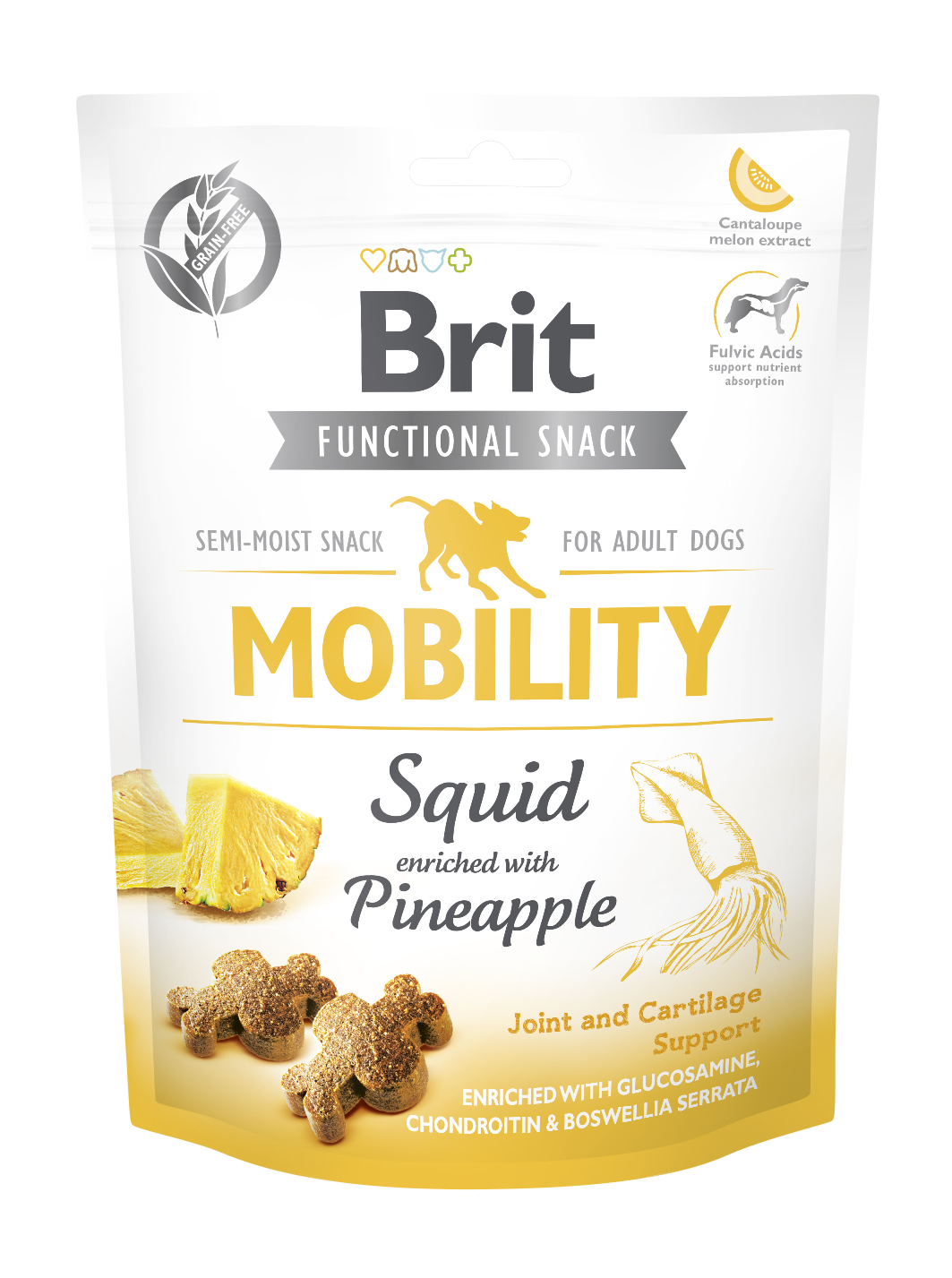 Brit Care Dog Functional Snack Mobility, kalmar i ananas, 150 g Funkcjonalna karma uzupełniająca dla psów dorosłych