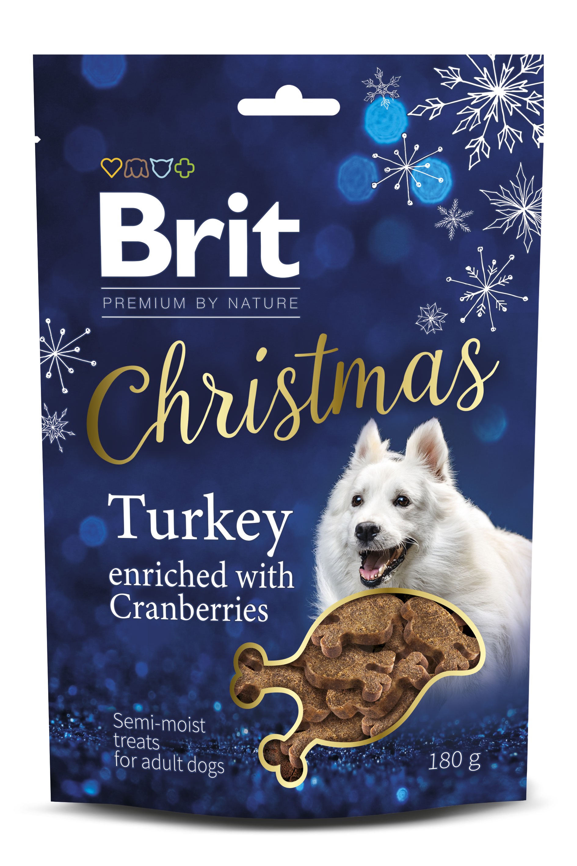 Brit Premium by Nature Christmas Dog Snack Christmas, Indyk z żurawiną 180g Uzupełniająca półwilgotna karma w świątecznej odsłonie dla dorosłych psów wszystkich ras.